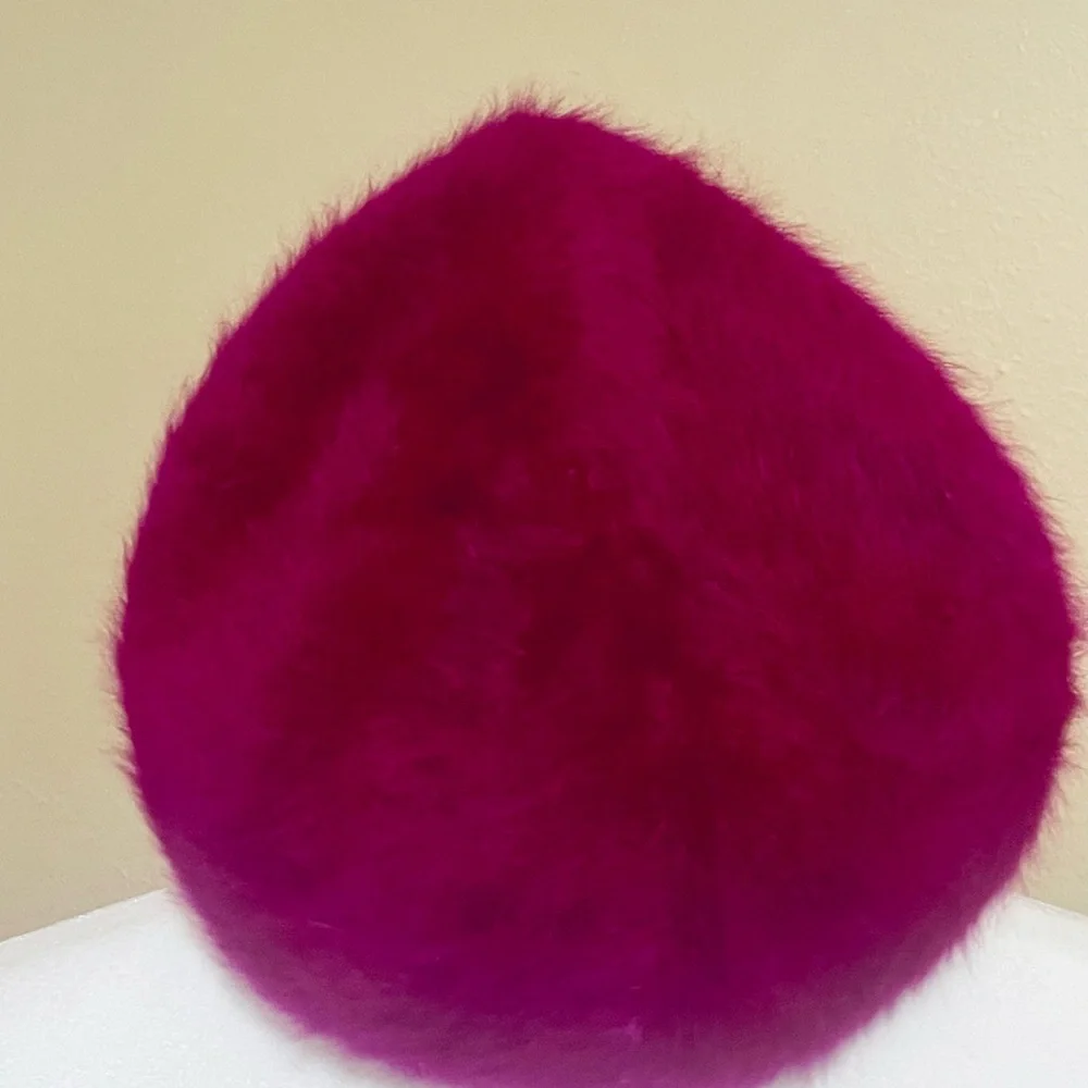 Raspberry Angora Beret with Rhinestone Bow - Picture 2 of 3